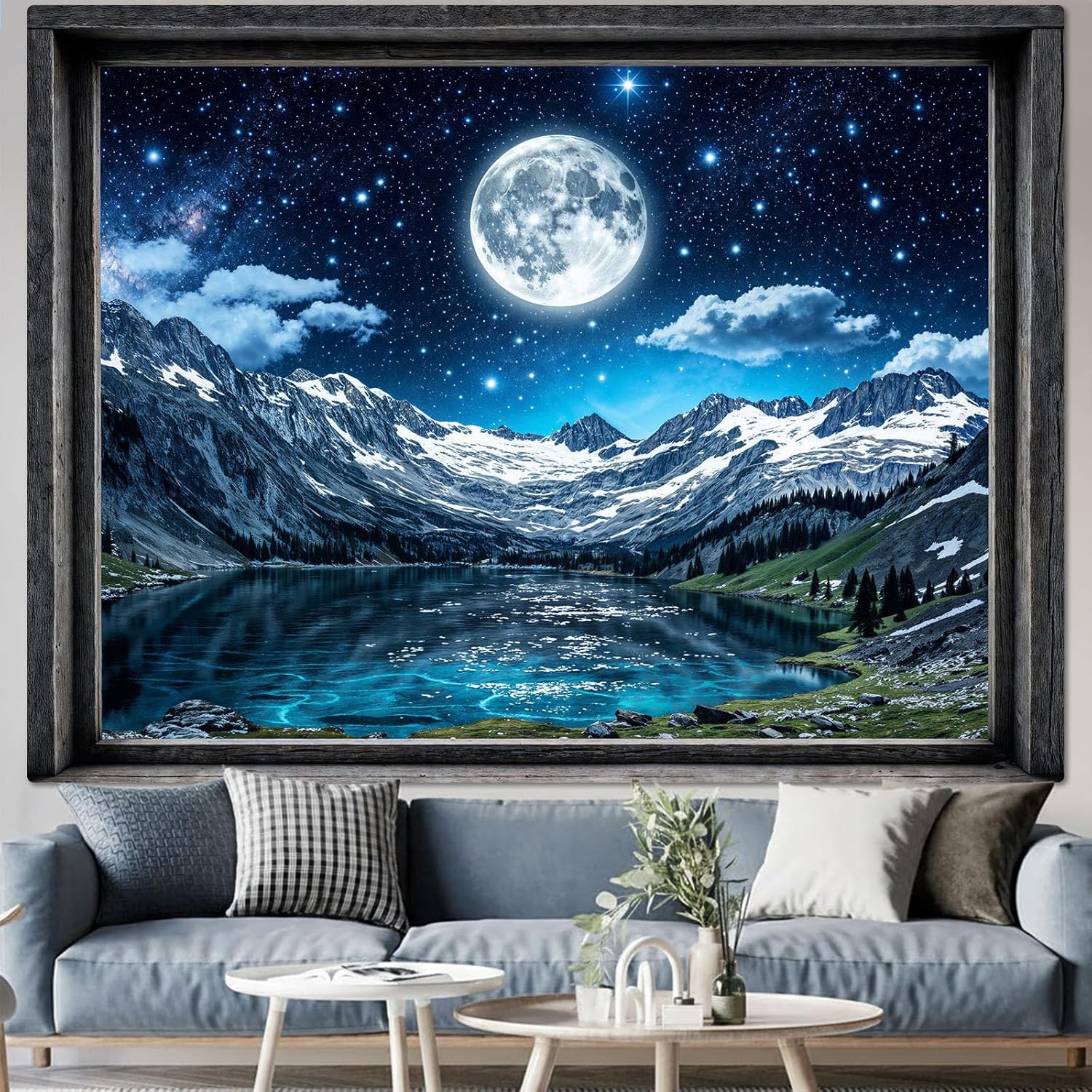 3D Printing Room - 3Dウィンドウフルムーンマウンテンレイクタペストリー、星空雪山プリント大型壁掛け、寝室、リビングルームの装飾に最適