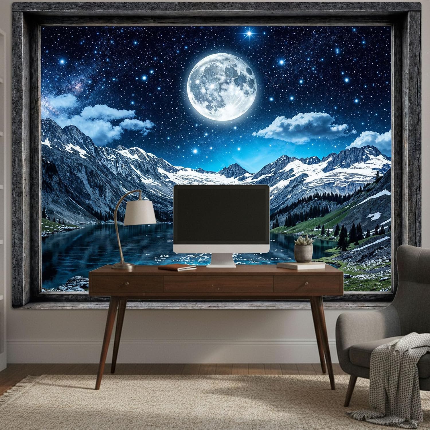 3Dウィンドウフルムーンマウンテンレイクタペストリー、星空雪 - 3D Printing Room のレビューと価格