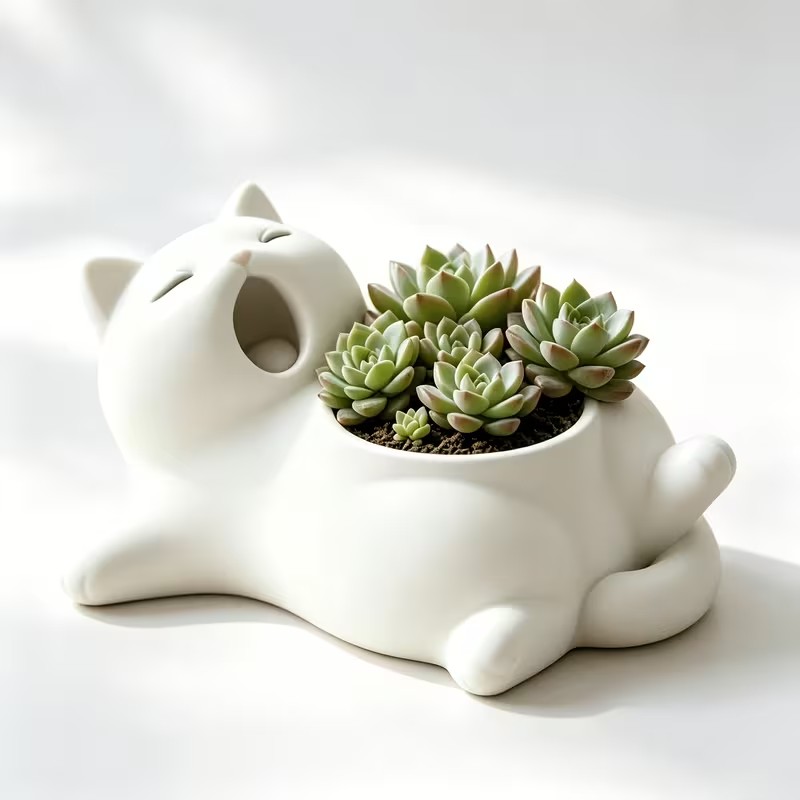 かわいい白猫のあくびをする姿の植木鉢、3Dプリントされた立体 - 3D Printing Pot のレビューと価格