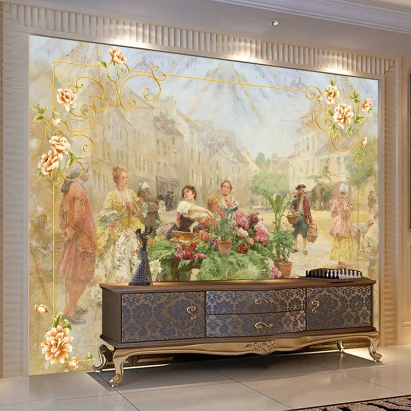 カスタム写真の壁紙ヨーロッパスタイルの大理石ストリート花風景 - 3D Printing Room のレビューと価格